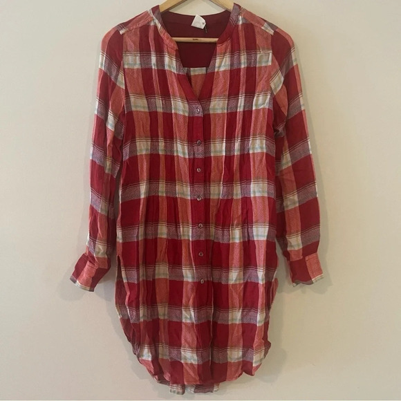 ANTHRO AKEMI + KIN Lucie Plaid Red Flannel Longlined Buttondown Top Tunic - Picture 3 of 10